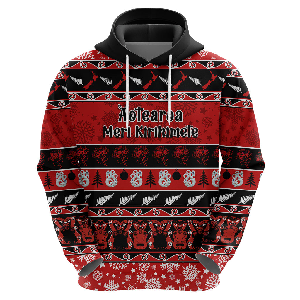 Personalised New Zealand Christmas Hoodie Aotearoa Kiwi Meri Kirihimete Red Version LT14