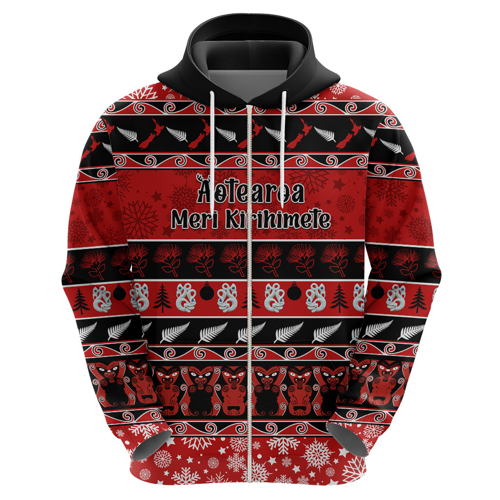 Personalised New Zealand Christmas Hoodie Aotearoa Kiwi Meri Kirihimete Red Version LT14