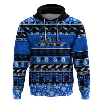 Personalised New Zealand Christmas Hoodie Aotearoa Kiwi Meri Kirihimete Blue Version LT14