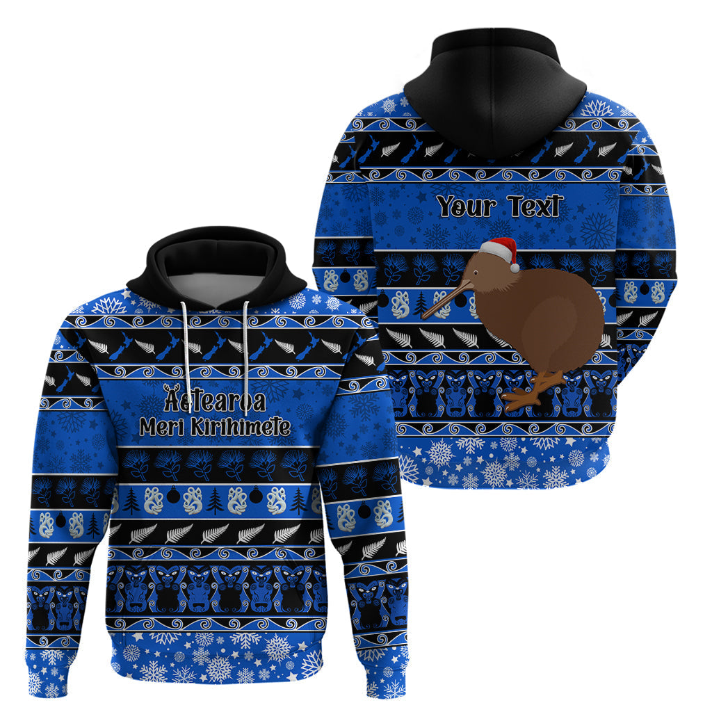 Personalised New Zealand Christmas Hoodie Aotearoa Kiwi Meri Kirihimete Blue Version LT14
