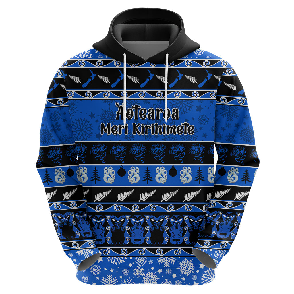 Personalised New Zealand Christmas Hoodie Aotearoa Kiwi Meri Kirihimete Blue Version LT14