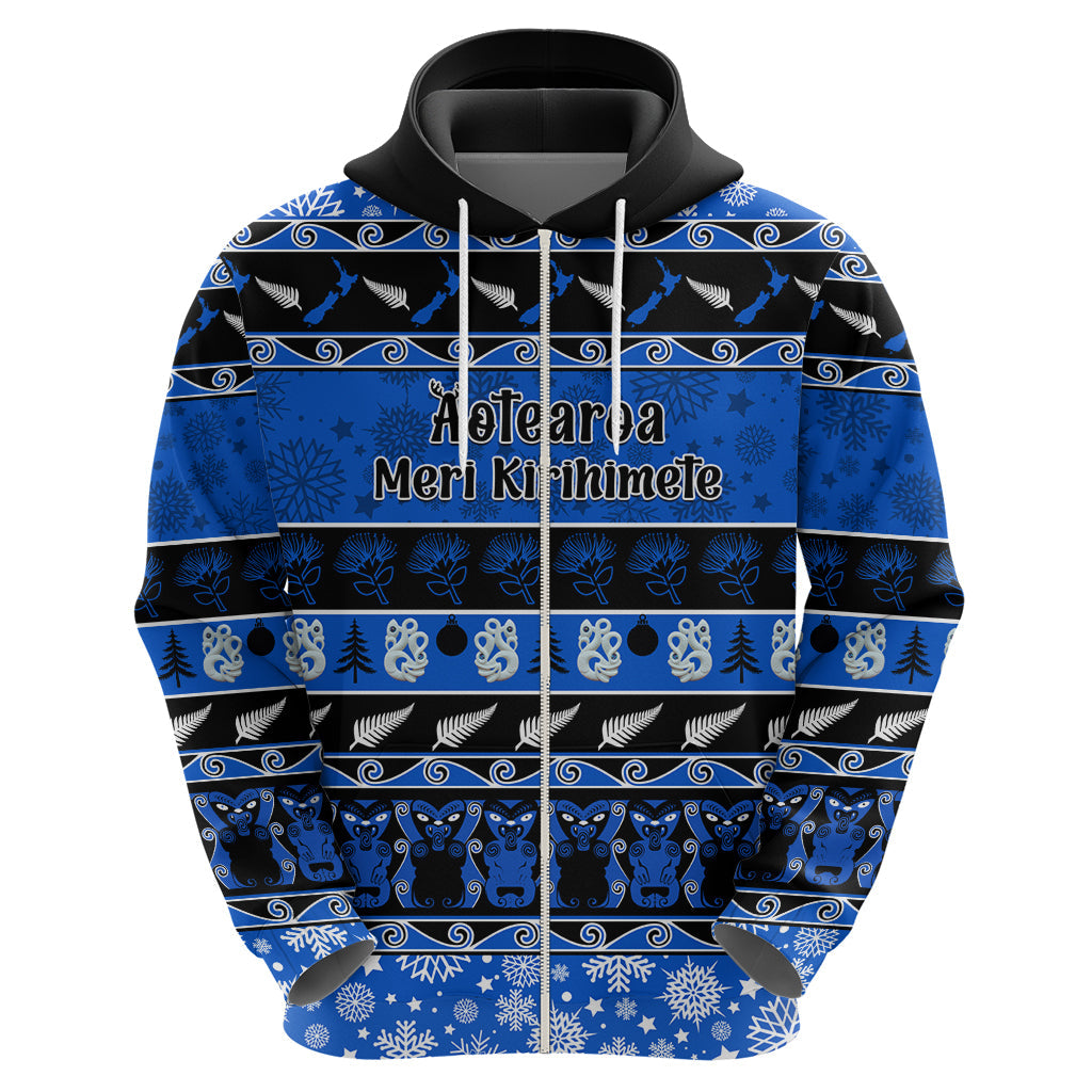 Personalised New Zealand Christmas Hoodie Aotearoa Kiwi Meri Kirihimete Blue Version LT14