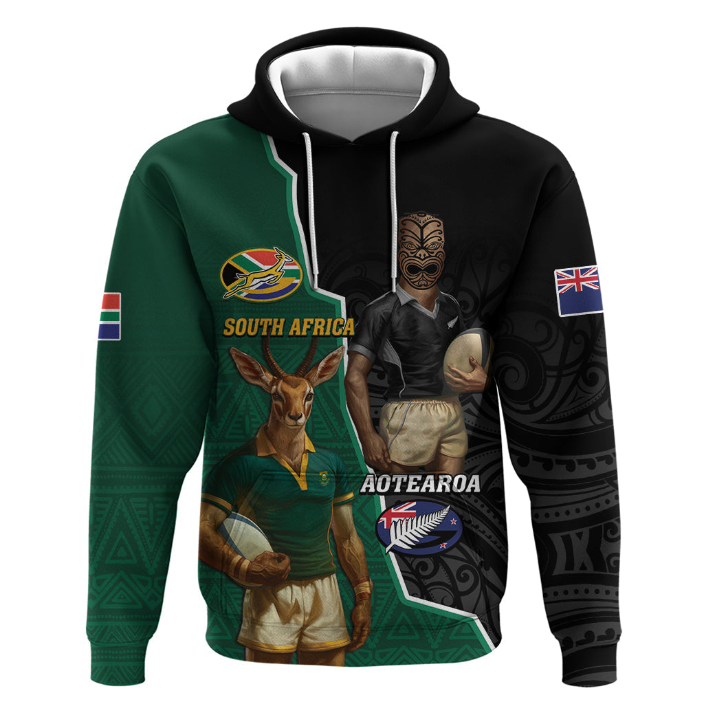 Personalised New Zealand And South Africa Rugby Hoodie 2024 All Black Springboks Mascots Together LT14
