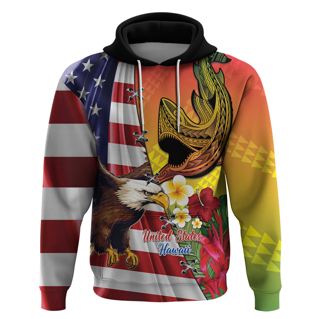 Personalised United States And Hawaii Hoodie USA Eagle With Hawaiian Shark Tattoo LT14