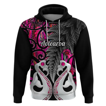 Custom New Zealand Hoodie Te Manaia Mangopare Maori And Fern Pink Style LT14