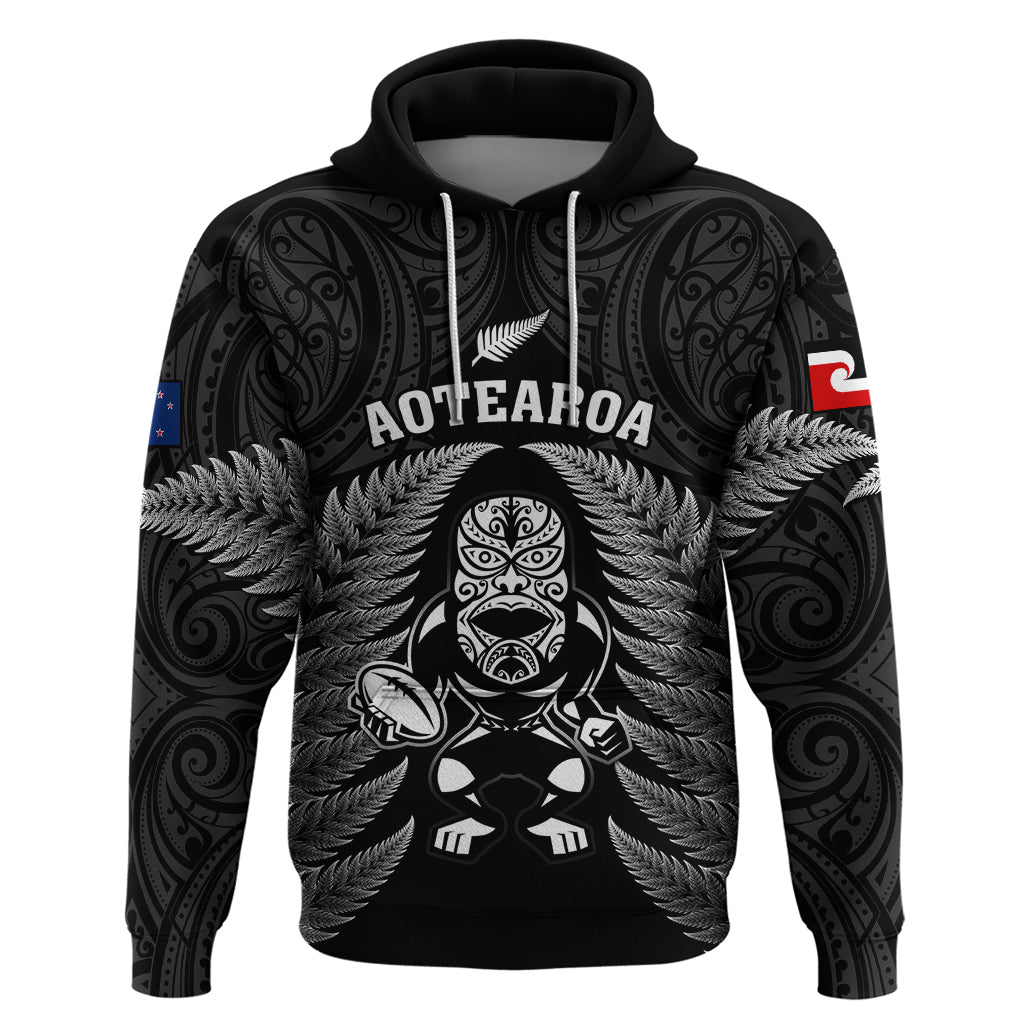 New Zealand Aotearoa Rugby Hoodie NZ Tiki With Maori Fern World Cup Black Version LT14