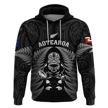 New Zealand Aotearoa Rugby Hoodie NZ Tiki With Maori Fern World Cup Black Version LT14