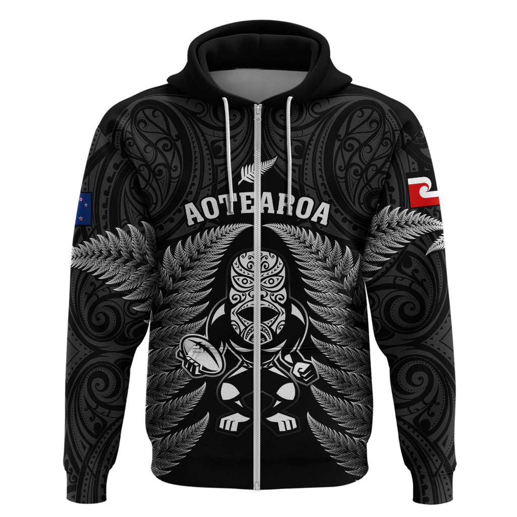 New Zealand Aotearoa Rugby Hoodie NZ Tiki With Maori Fern World Cup Black Version LT14