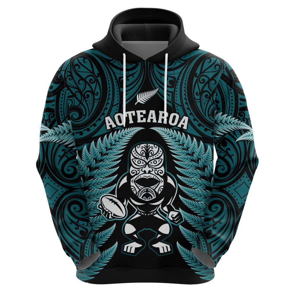 New Zealand Aotearoa Rugby Hoodie NZ Tiki With Maori Fern World Cup Turquoise Version LT14