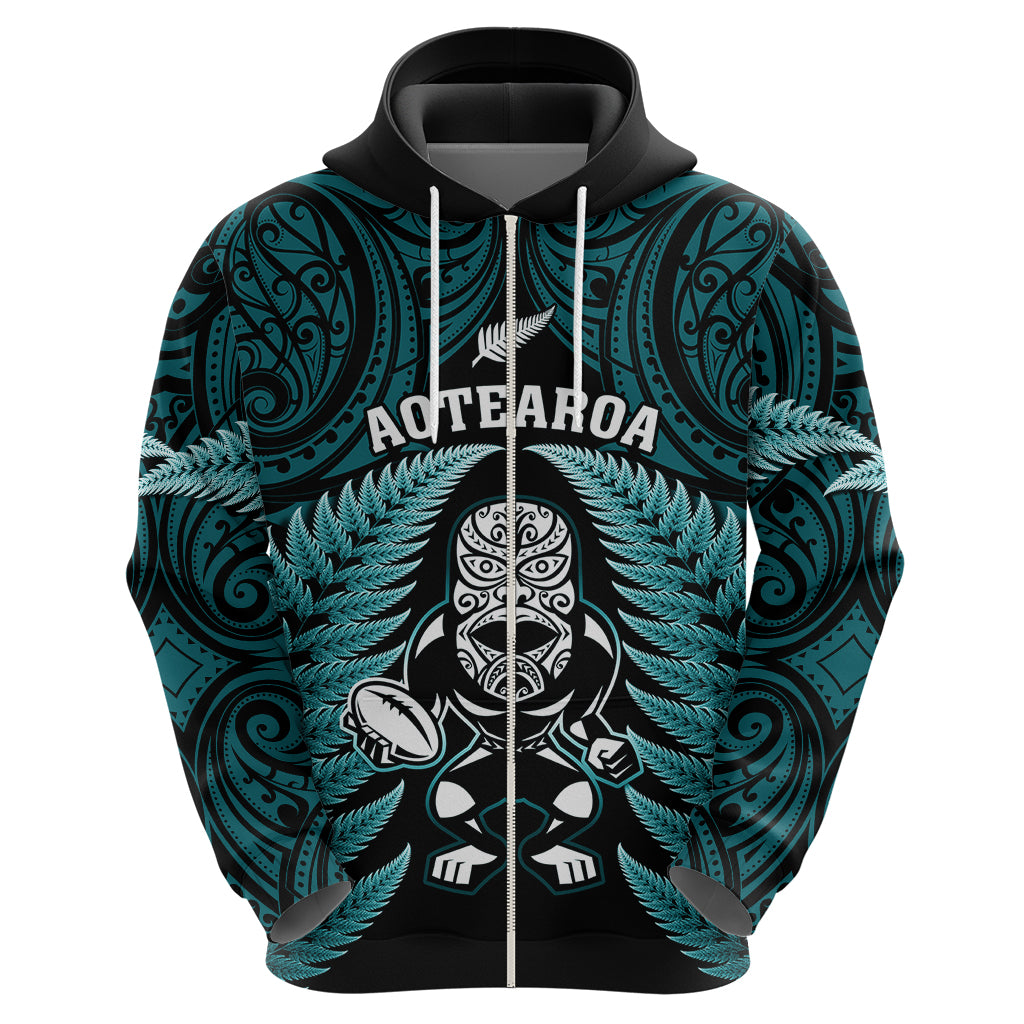 New Zealand Aotearoa Rugby Hoodie NZ Tiki With Maori Fern World Cup Turquoise Version LT14