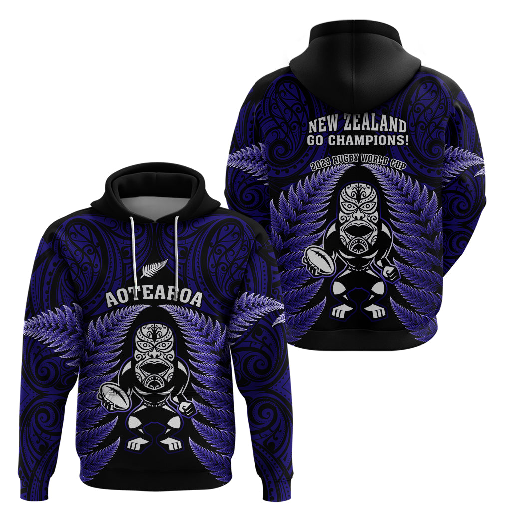 New Zealand Aotearoa Rugby Hoodie NZ Tiki With Maori Fern World Cup Blue Version LT14