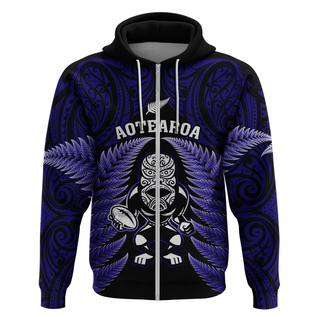 New Zealand Aotearoa Rugby Hoodie NZ Tiki With Maori Fern World Cup Blue Version LT14