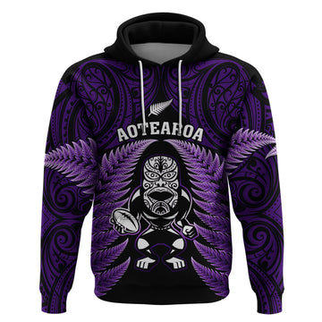 New Zealand Aotearoa Rugby Hoodie NZ Tiki With Maori Fern World Cup Purple Version LT14