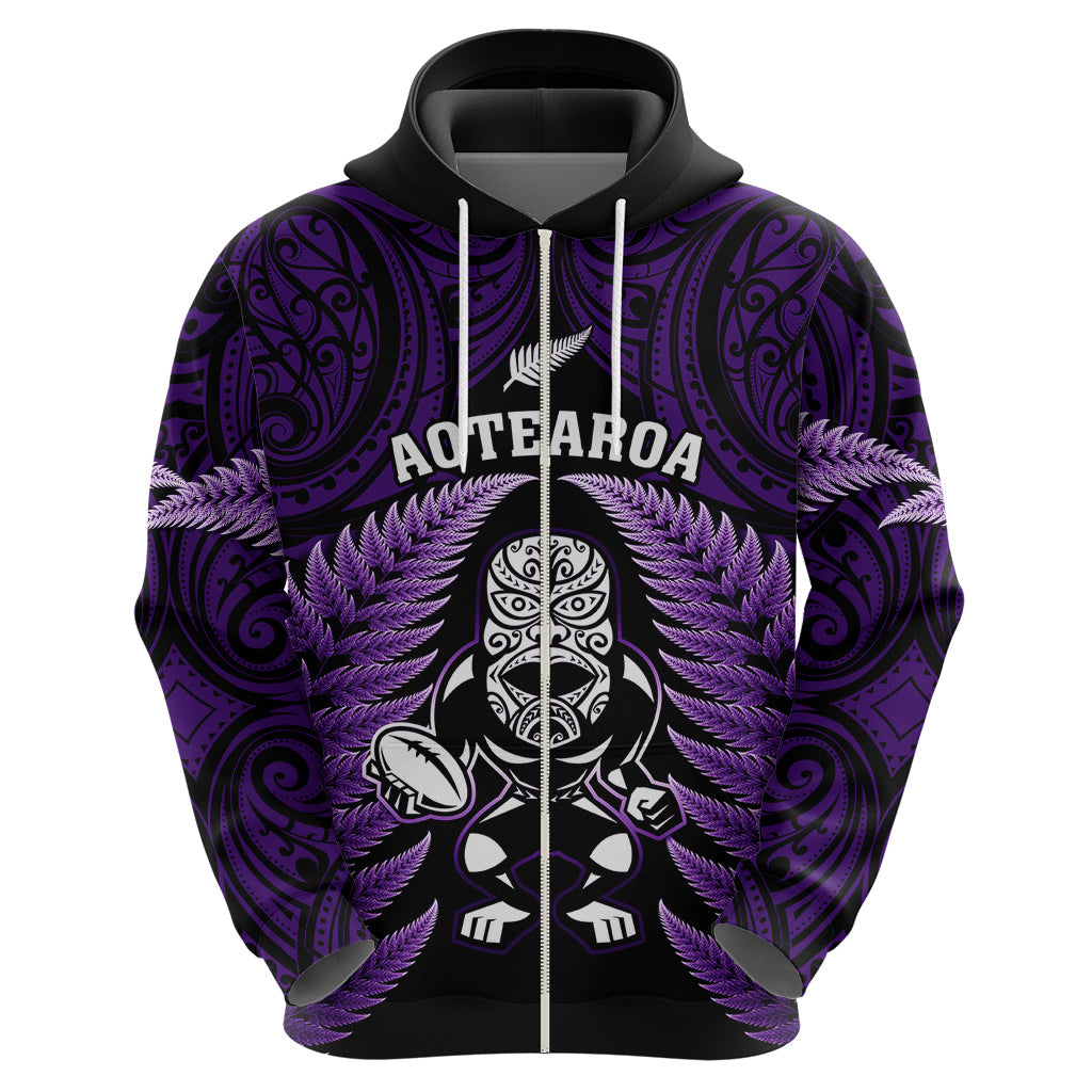 New Zealand Aotearoa Rugby Hoodie NZ Tiki With Maori Fern World Cup Purple Version LT14