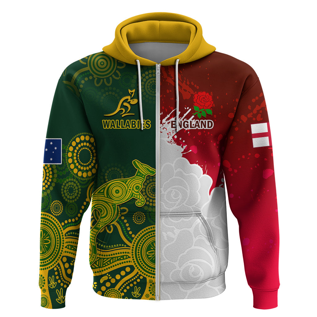 Personalised Australia And England Rugby Hoodie Indigenous Wallabies With Red Roses Sporty Version LT14