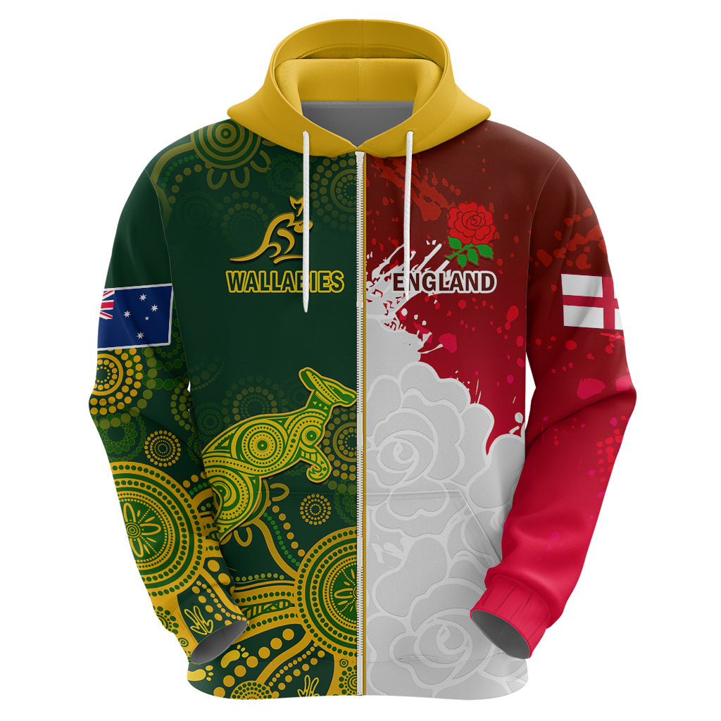 Personalised Australia And England Rugby Hoodie Indigenous Wallabies With Red Roses Sporty Version LT14