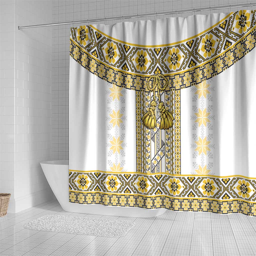 Ukraine Shower Curtain Traditional Braided Rope Belt Yellow Folk Pattern LT14
