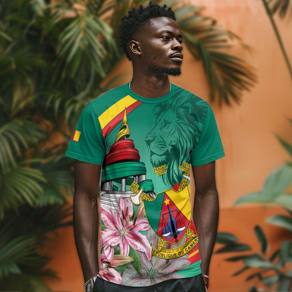 Monument de la Reunification Cameroun T shirt Coat Of Arms With Lily Flowers LT14