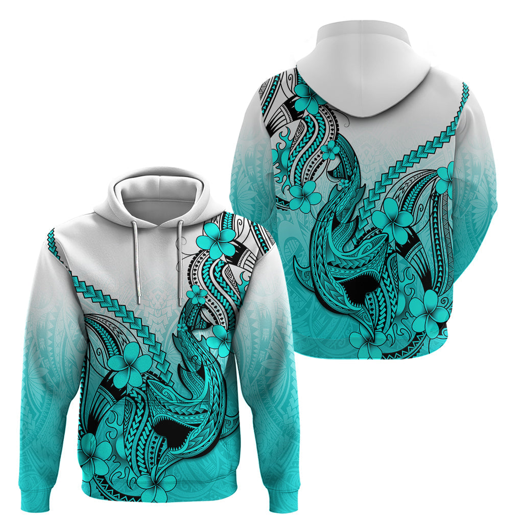Hawaii Hoodie Polynesian Shark Tattoo With Plumeria Turquoise Gradient LT14