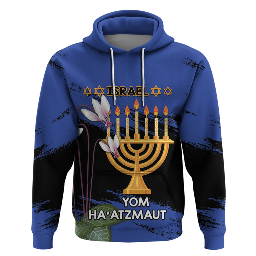 Personalised Israel Independence Day Hoodie Menorah With Cyclamen Persicum Grunge LT14