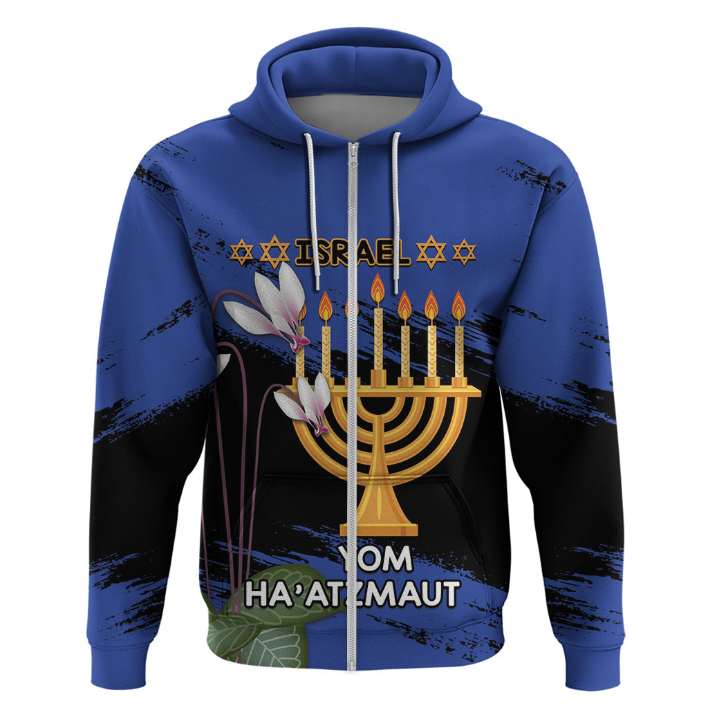 Personalised Israel Independence Day Hoodie Menorah With Cyclamen Persicum Grunge LT14
