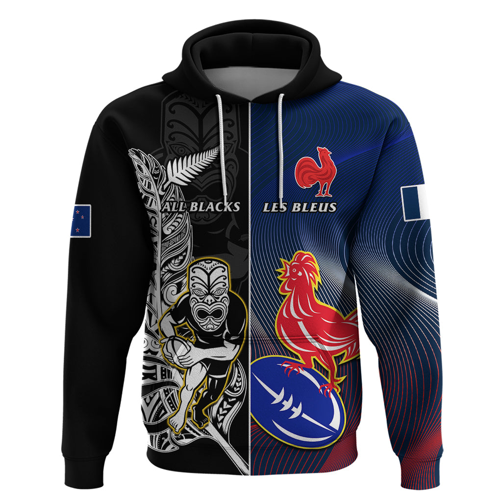 New Zealand And France Rugby Hoodie All Black With Les Bleus Together 2023 World Cup LT14