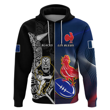 New Zealand And France Rugby Hoodie All Black With Les Bleus Together 2023 World Cup LT14
