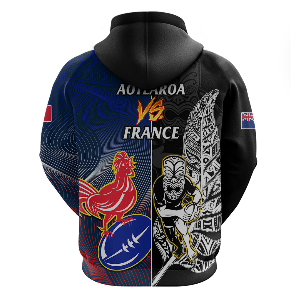 New Zealand And France Rugby Hoodie All Black With Les Bleus Together 2023 World Cup LT14