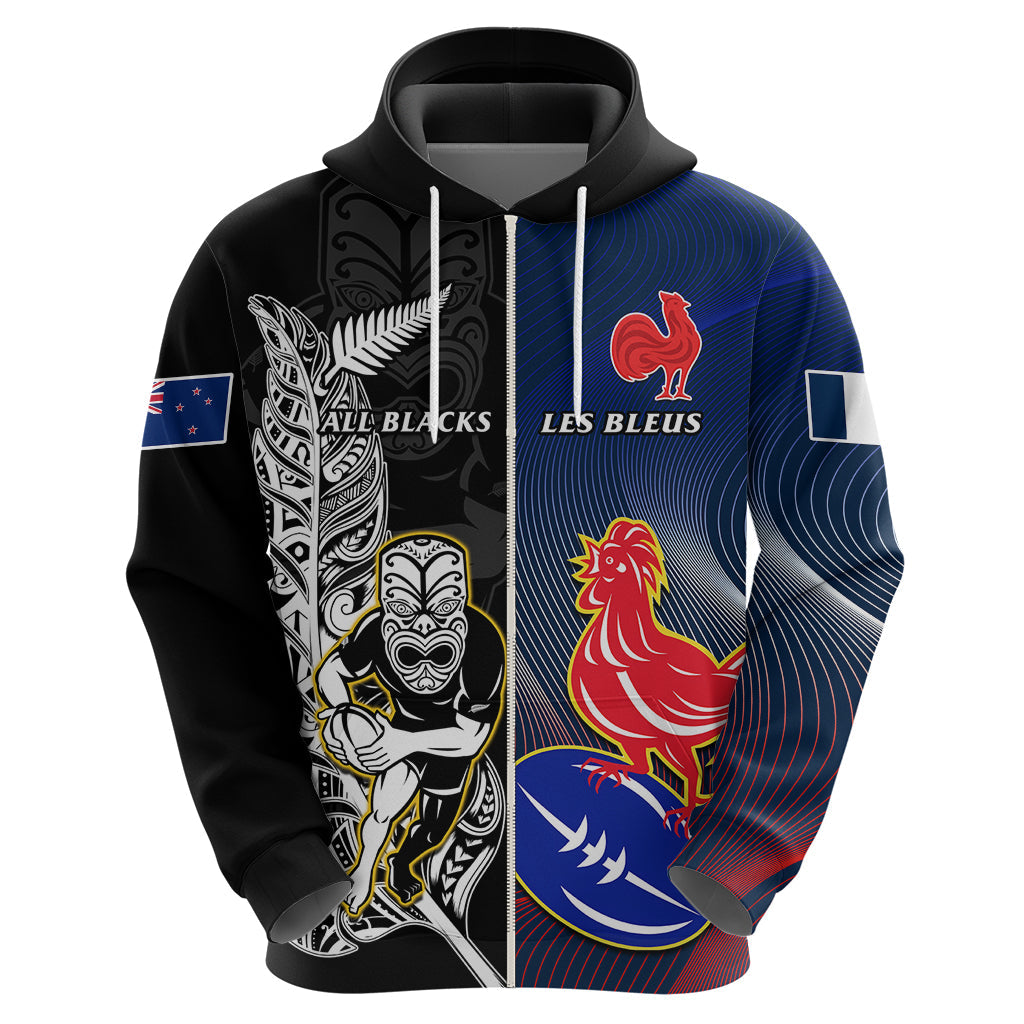 New Zealand And France Rugby Hoodie All Black With Les Bleus Together 2023 World Cup LT14