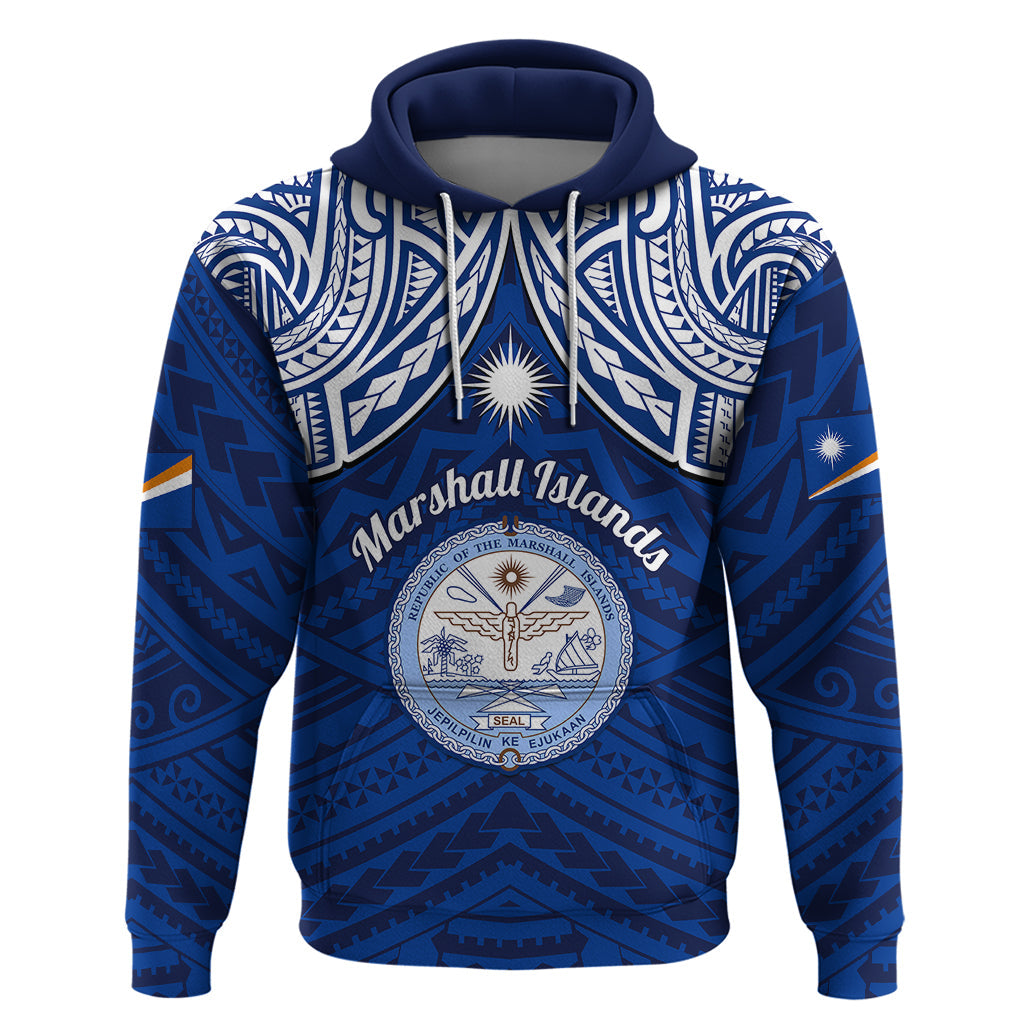 Marshall Islands Hoodie Blue Polynesian Tribal Mix Coat Of Arms LT14
