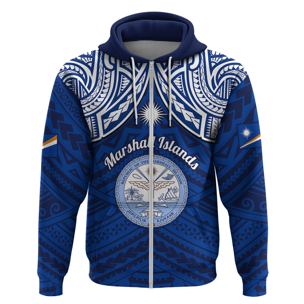 Marshall Islands Hoodie Blue Polynesian Tribal Mix Coat Of Arms LT14