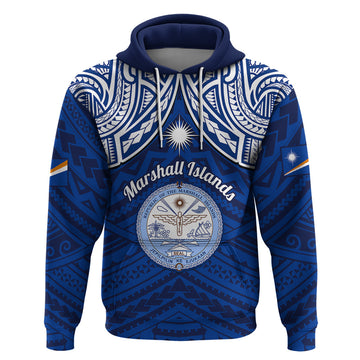 Personalised Marshall Islands Hoodie Blue Polynesian Tribal Mix Coat Of Arms LT14
