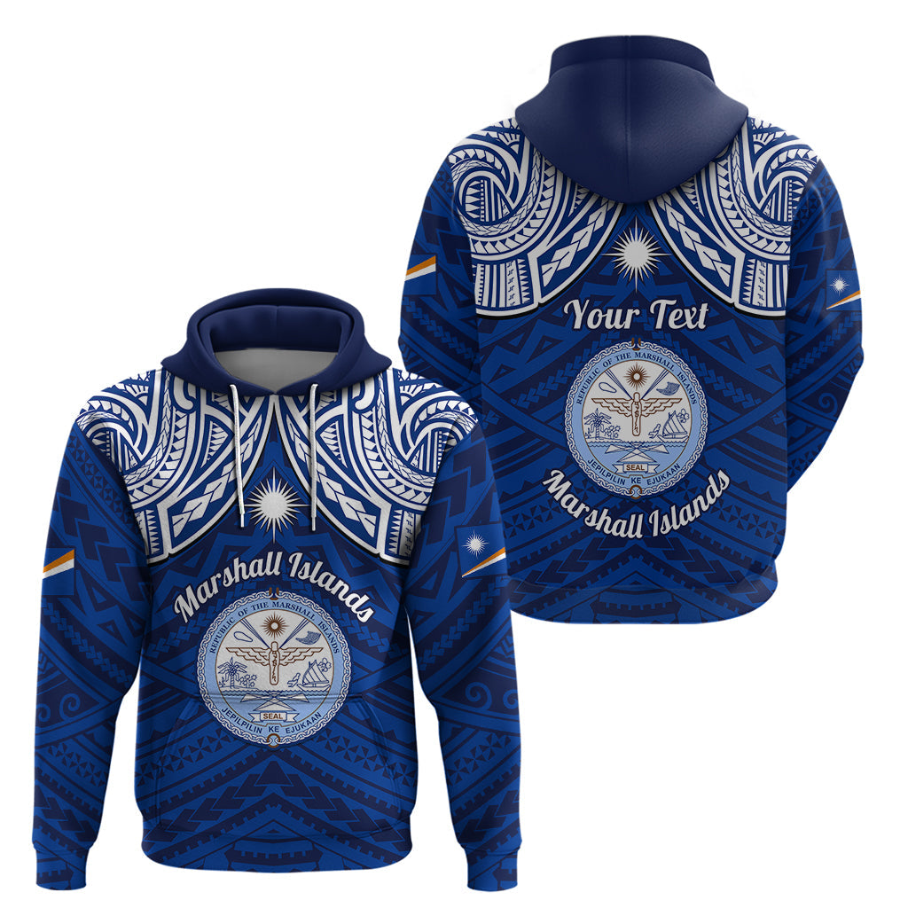 Personalised Marshall Islands Hoodie Blue Polynesian Tribal Mix Coat Of Arms LT14