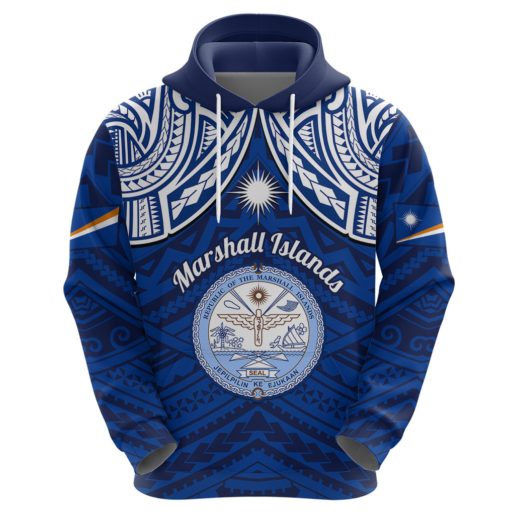 Personalised Marshall Islands Hoodie Blue Polynesian Tribal Mix Coat Of Arms LT14