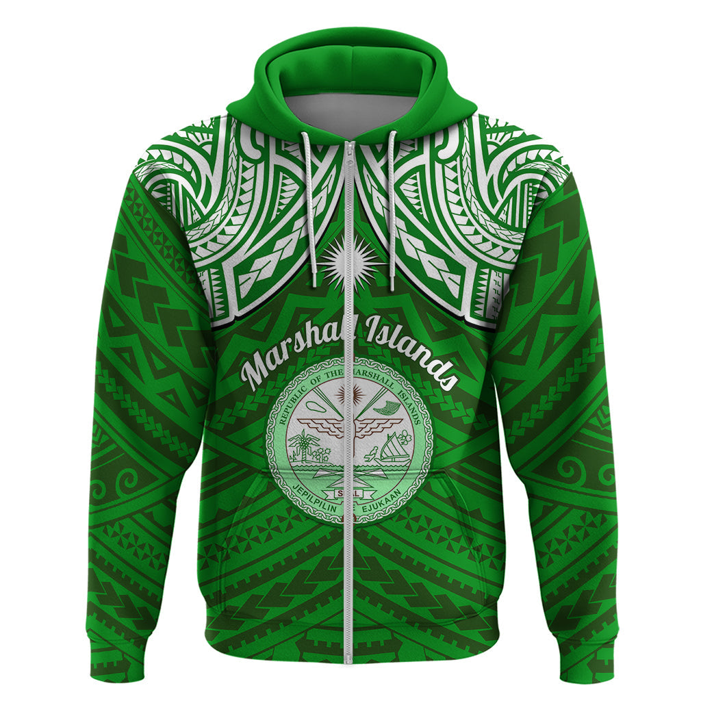Personalised Marshall Islands Hoodie Green Polynesian Tribal Mix Coat Of Arms LT14