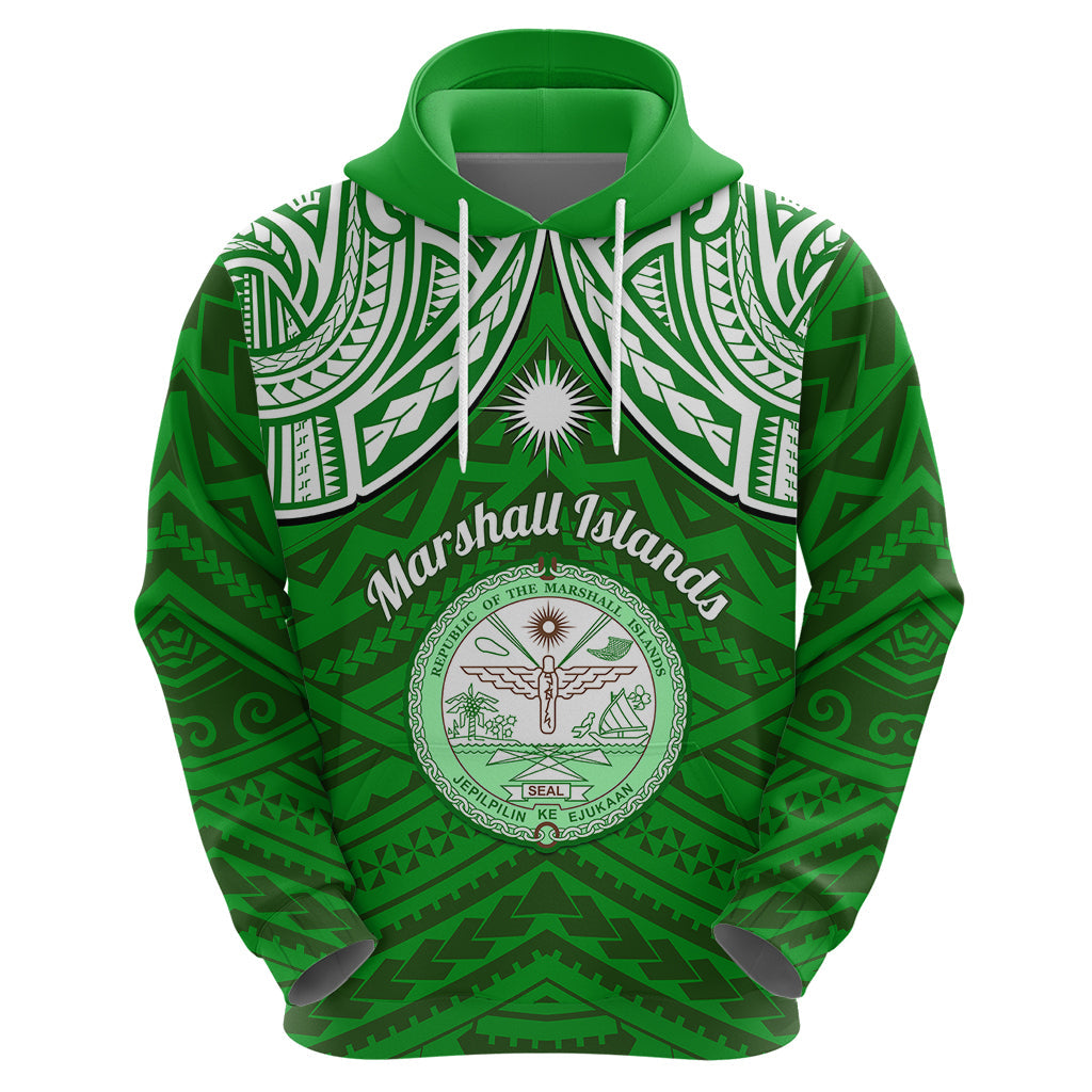 Personalised Marshall Islands Hoodie Green Polynesian Tribal Mix Coat Of Arms LT14