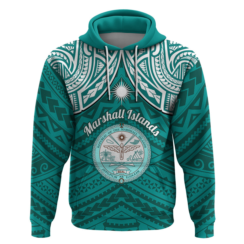 Personalised Marshall Islands Hoodie Turquoise Polynesian Tribal Mix Coat Of Arms LT14