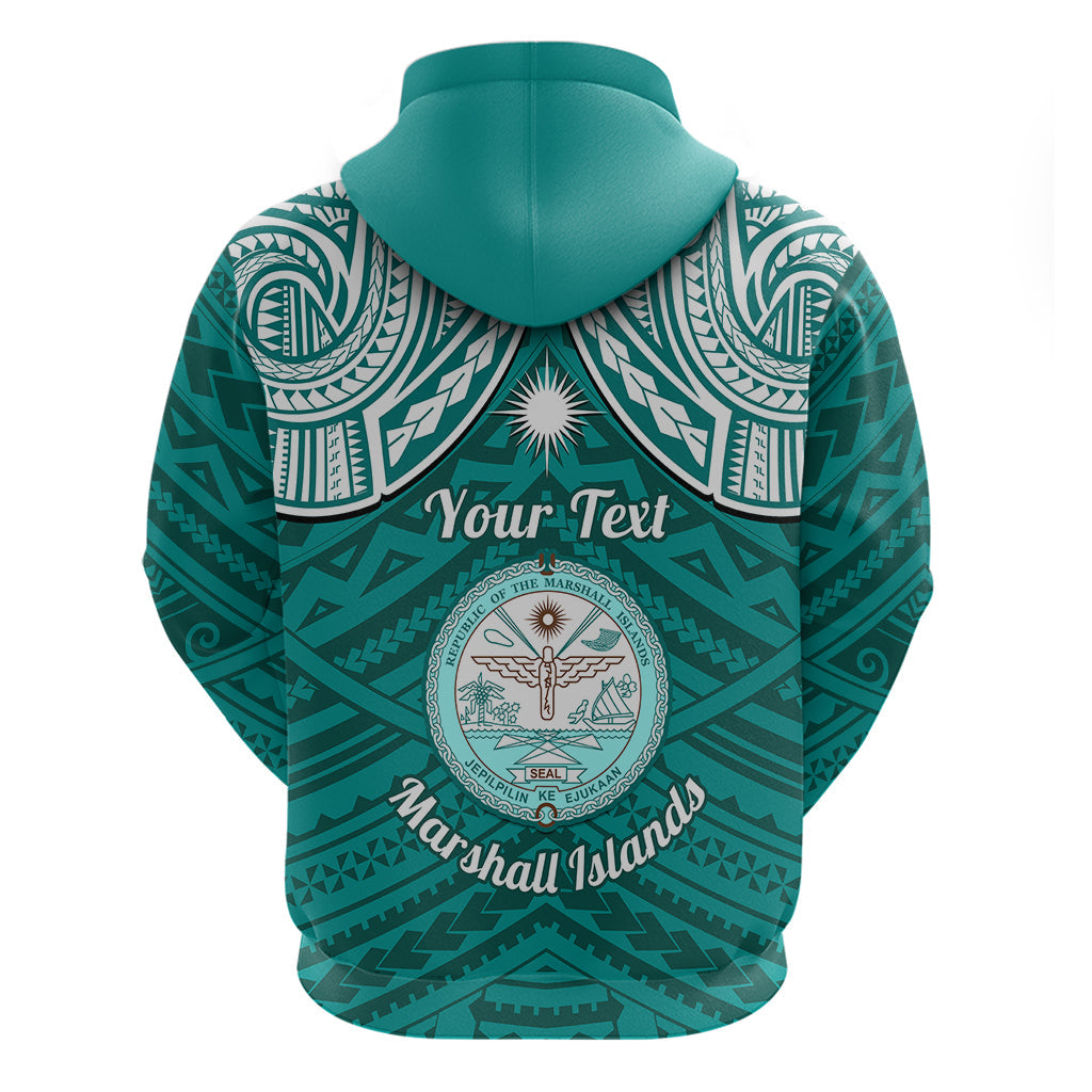 Personalised Marshall Islands Hoodie Turquoise Polynesian Tribal Mix Coat Of Arms LT14
