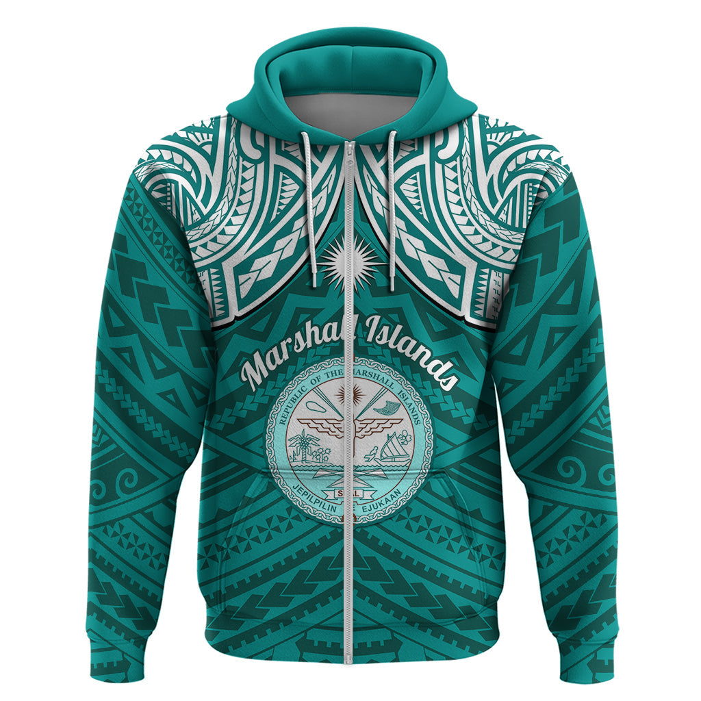 Personalised Marshall Islands Hoodie Turquoise Polynesian Tribal Mix Coat Of Arms LT14