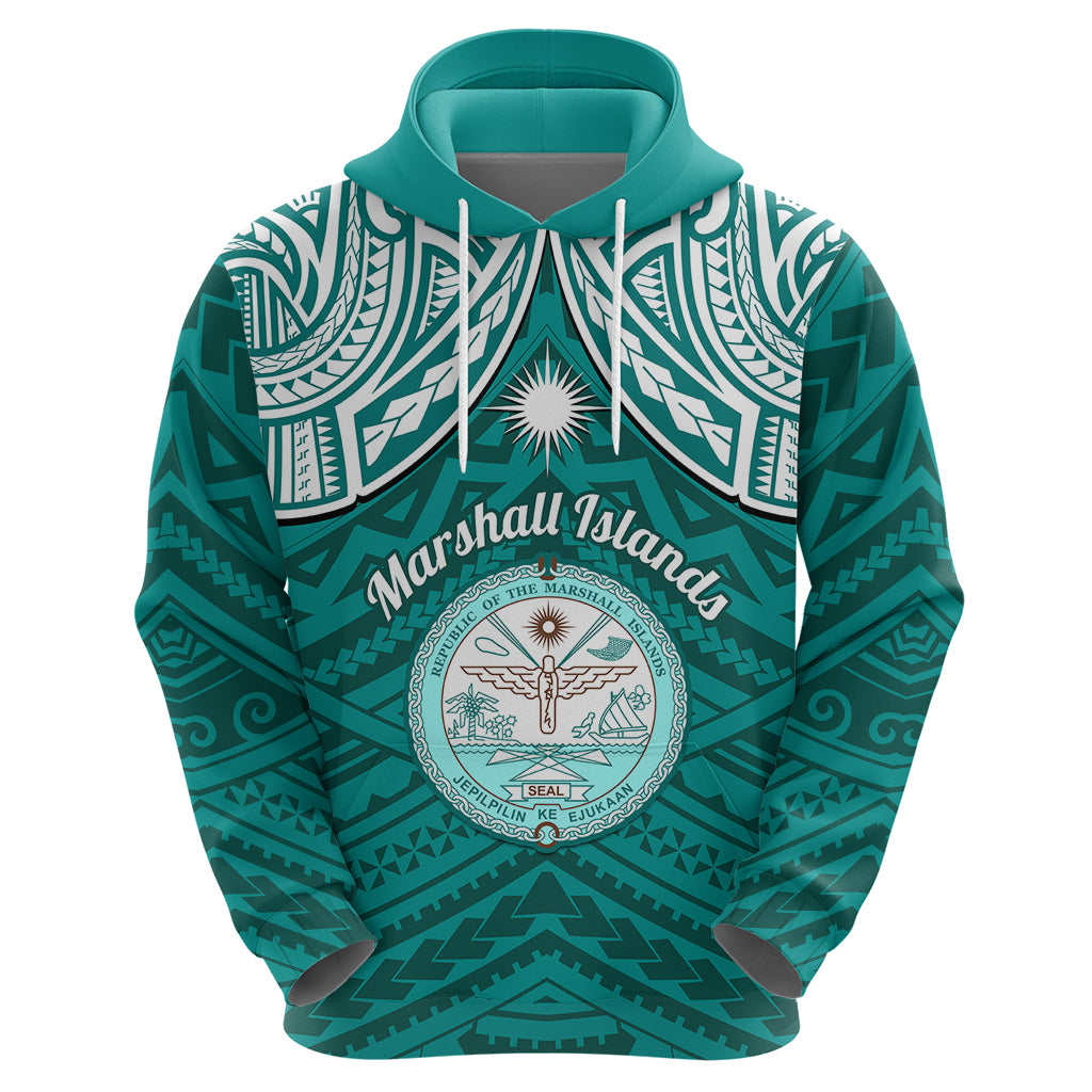 Personalised Marshall Islands Hoodie Turquoise Polynesian Tribal Mix Coat Of Arms LT14