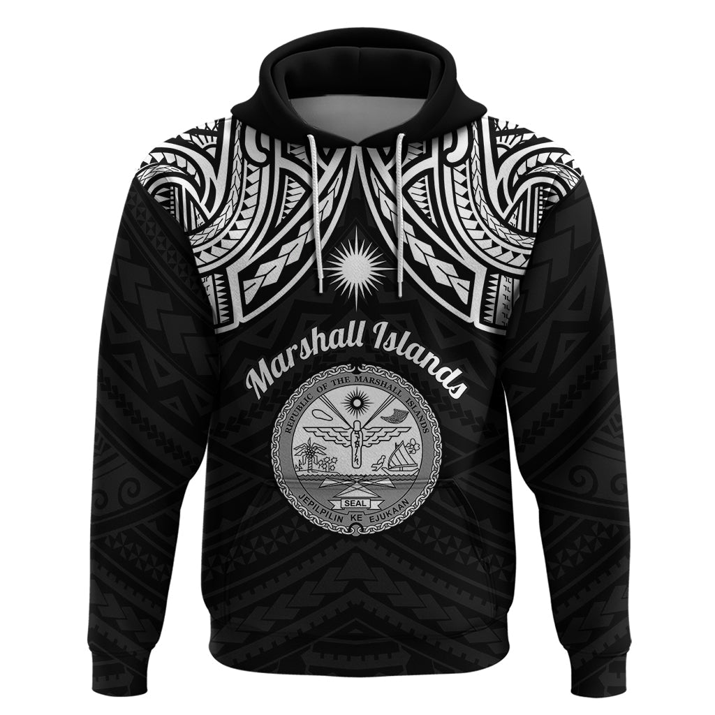 Personalised Marshall Islands Hoodie Black Polynesian Tribal Mix Coat Of Arms LT14