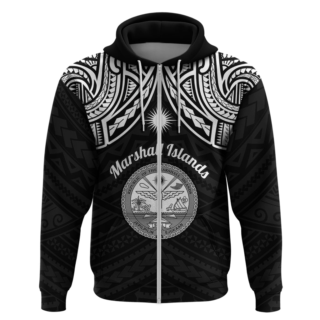 Personalised Marshall Islands Hoodie Black Polynesian Tribal Mix Coat Of Arms LT14