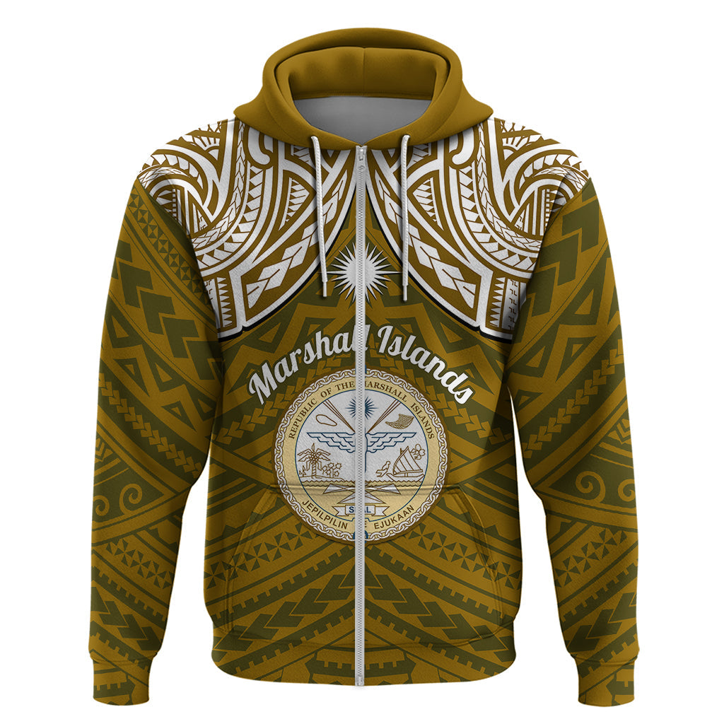 Personalised Marshall Islands Hoodie Gold Polynesian Tribal Mix Coat Of Arms LT14