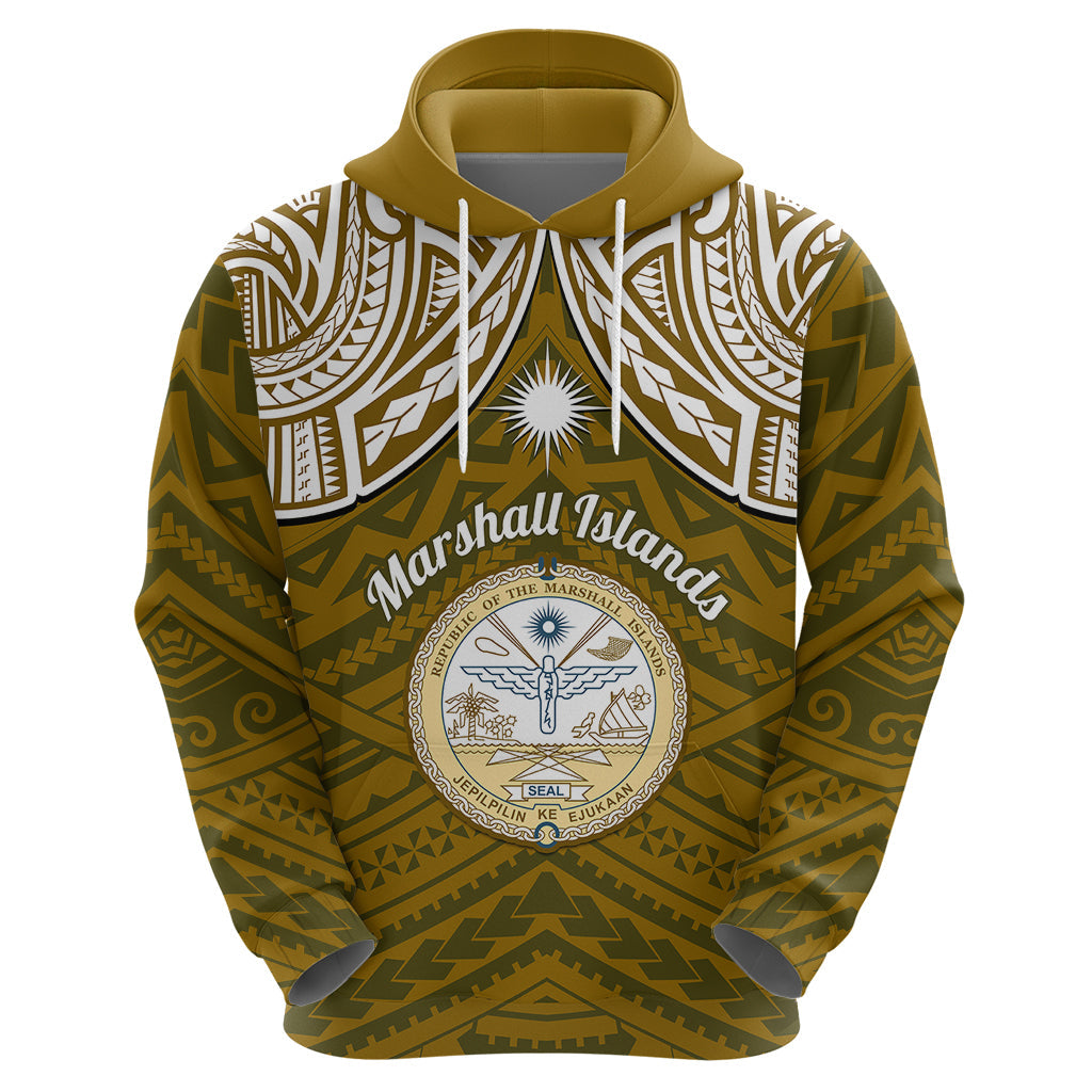 Personalised Marshall Islands Hoodie Gold Polynesian Tribal Mix Coat Of Arms LT14