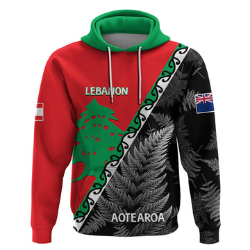 New Zealand And Lebanon Hoodie Silver Fern Maori With Cedar Tree Together LT14