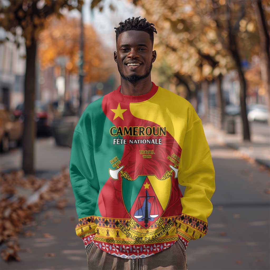 Personalised Cameroon National Day Sweatshirt Cameroun Coat Of Arms With Atoghu Pattern LT14