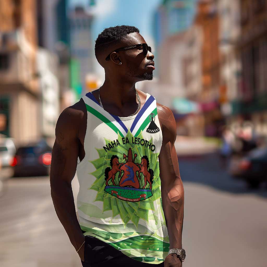 Personalised Lesotho Independence Day Men Tank Top Aloe Polyphylla Mix Coat Of Arms LT14