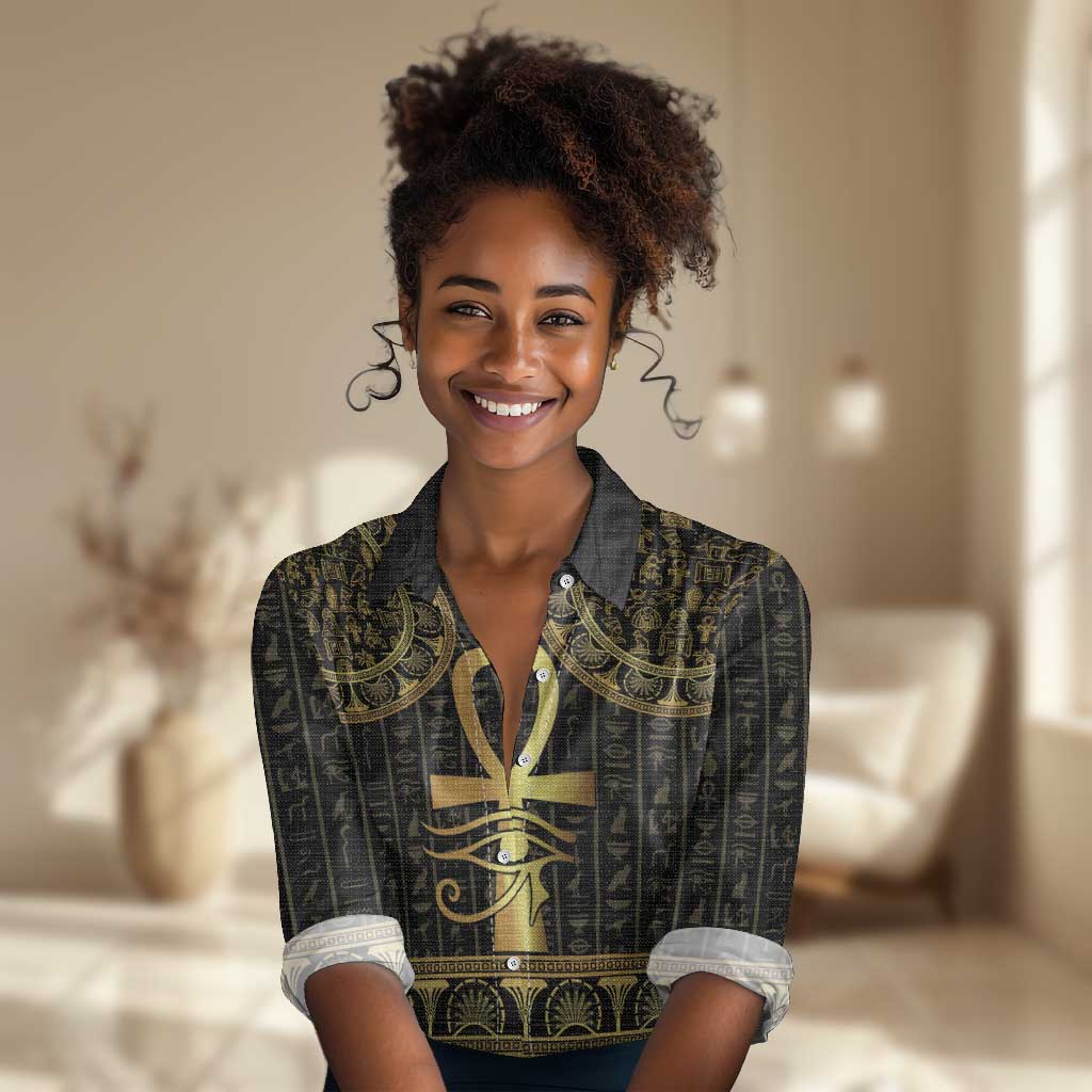 Afro Ancient Egypt Ankh and Eye Of Horus Women Casual Shirt Egyptian Hieroglyphs LT14