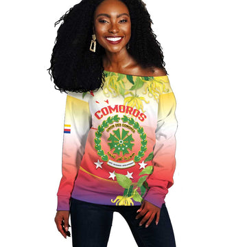 Personalized Comoros Off Shoulder Sweater Coat Of Arms Mix Ylang Ylang Flower LT14