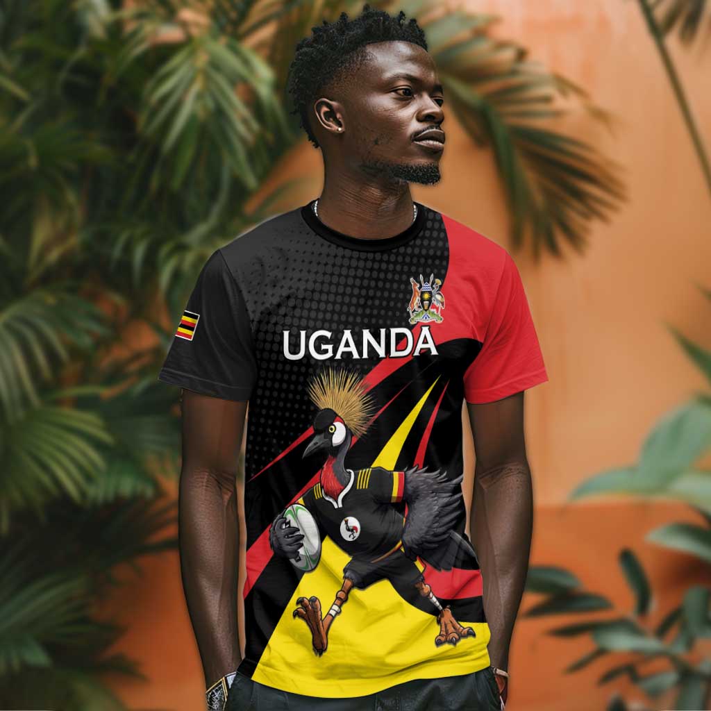 Jamhuri ya Uganda Rugby Custom T shirt With Black Crowned Crane Mascot LT15